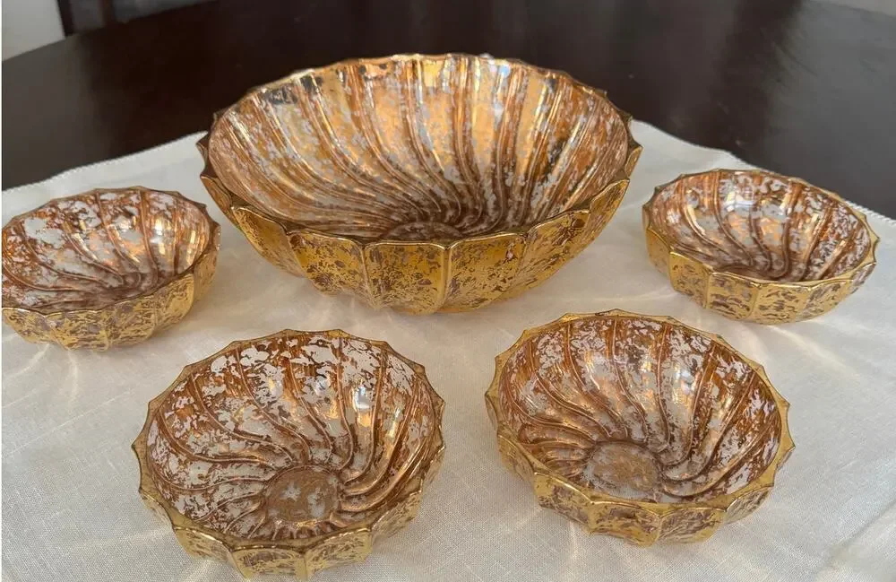 Vintage 1920s Reverse Painted Gold Glass Salad/Berry Bowl Set Hollywood Regency